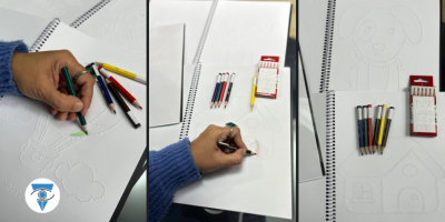 Fotos de una persona coloreando los nuevos libros impresos en braille.