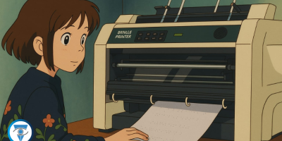 Imagen de una chica usando una impresora braille. La imagen es en estilo Studio Ghibili generada por ChatGPT