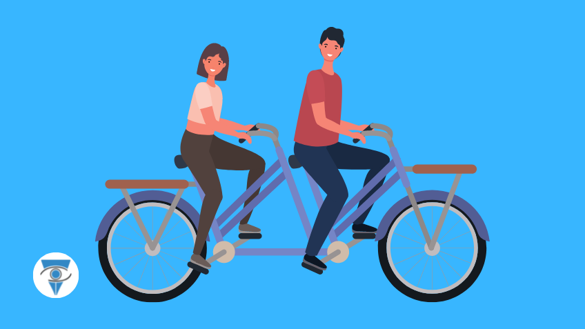 Ilustración de dos personas manejando una bicicleta Tándem