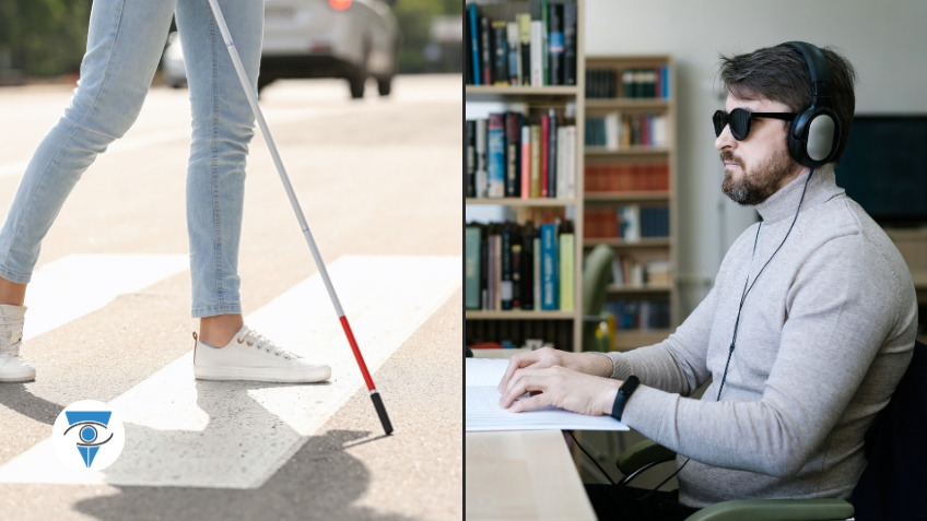 foto de una persona cruzando la calle con baston blanco y foto de una persona leyendo braille
