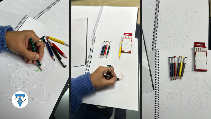 Fotos de una persona coloreando los nuevos libros impresos en braille.