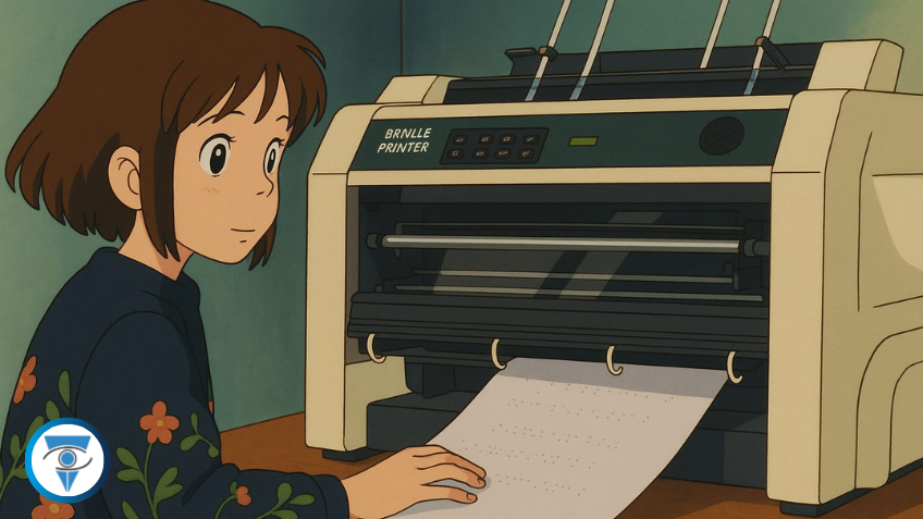Imagen de una chica usando una impresora braille. La imagen es en estilo Studio Ghibili generada por ChatGPT